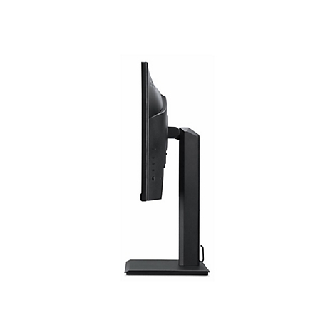 Seitliche Ansicht eines schwarzen Computermonitors auf einem Standfuß vor weißem Hintergrund.
