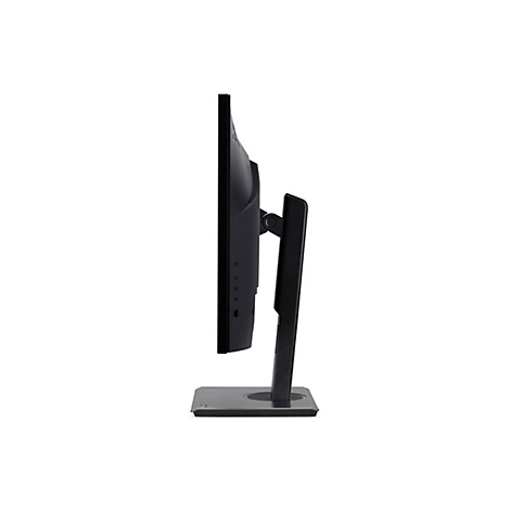 Seitliche Ansicht eines schwarzen Computerbildschirms auf einem stabilen Standfuß vor weißem Hintergrund.