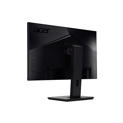 Rückseite eines schwarzen Acer-Monitors mit Standfuß vor weißem Hintergrund.