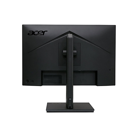 Rückseite eines schwarzen Acer-Monitors mit Standfuß vor weißem Hintergrund.