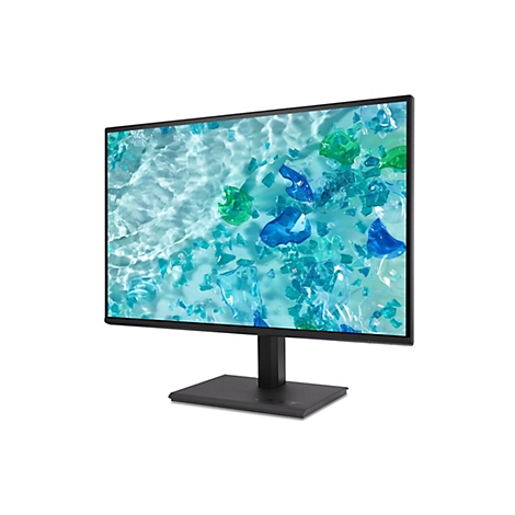 Acer Monitor auf schwarzem Standfuß mit blaugrünem Hintergrundbild aus Glasstücken.