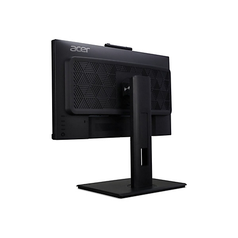 Rückseite eines schwarzen Acer Monitors mit geometrischem Muster und Standfuß vor weißem Hintergrund.