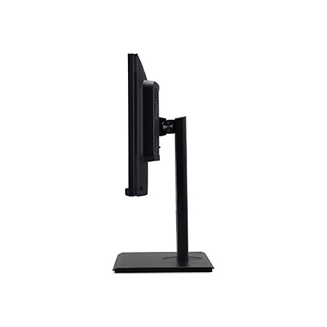 Seitliche Ansicht eines schwarzen Computermonitors auf einem Standfuß vor weißem Hintergrund.