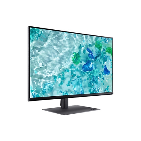 Acer Monitor in Frontansicht mit dünnen Rahmen und Display mit abstrakten blauen Glaskristall-Grafiken.