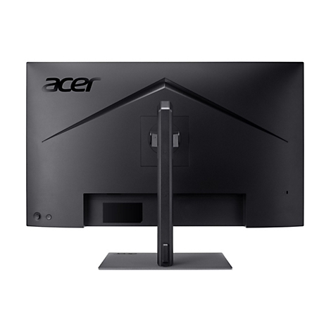 Rückseite eines schwarzen Acer-Monitors mit Standfuß vor weißem Hintergrund.