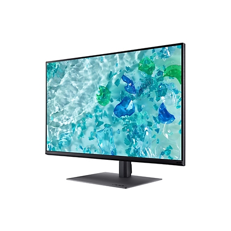 Acer Monitor aus der Perspektive, Display zeigt abstraktes blaues Wasser mit Kunststofffragmenten, flacher Standfuß.