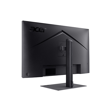 Rückseite eines schwarzen Acer-Monitors mit Standfuß vor weißem Hintergrund.