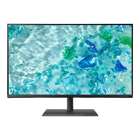 Acer Monitor mit dünnem Rahmen vor weißem Hintergrund. Display zeigt blaues, wässriges Muster mit Glasstücken.