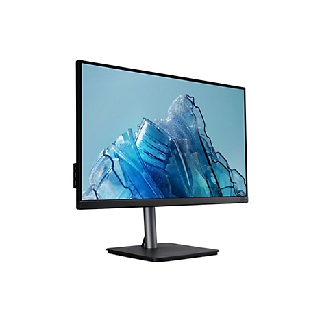 Acer Vero Monitor mit dünnem schwarzen Rahmen und Standfuß, zeigt ein abstraktes blaues Bild aus Kunststoffflaschen.