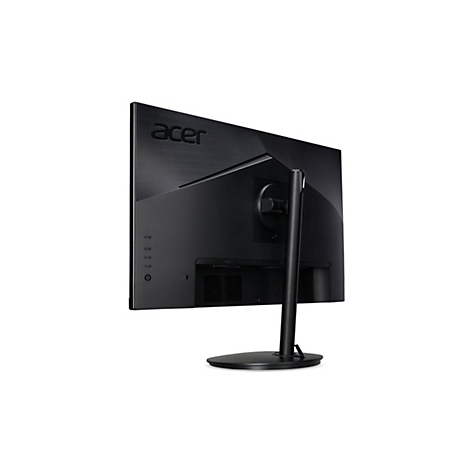 Rückansicht eines schwarzen Acer Monitors mit Standfuß vor weißem Hintergrund.