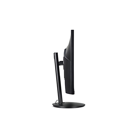 Seitenansicht eines schwarzen Computermonitors auf einem schlichten Standfuß vor weißem Hintergrund.
