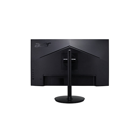 Rückseite eines schwarzen Acer-Monitors mit Standfuß vor weißem Hintergrund.
