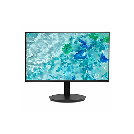 Schwarzer Computermonitor mit schmalem Rahmen auf rundem Standfuß zeigt blaues Wasser mit Glassplittern.