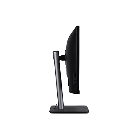 Seitenansicht eines modernen schwarzen Computermonitors auf einem grauen Ständer vor weißem Hintergrund.