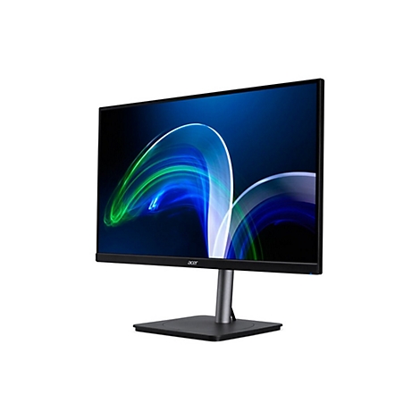 Schwarzer Acer Monitor in Seitenansicht mit abstraktem, blau-grünem Lichtdesign auf dem Bildschirm.