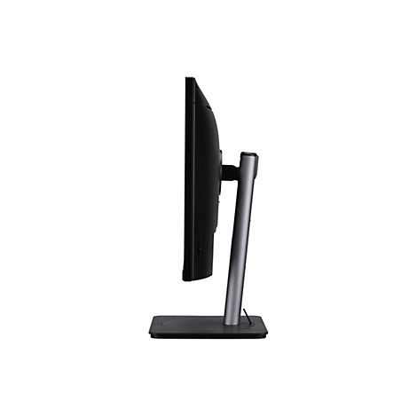 Seitliche Ansicht eines schwarzen Computermonitors mit grauem Standfuß vor weißem Hintergrund.