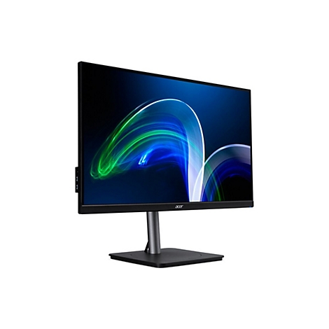 Schwarzer Acer-Monitor mit schlankem Rahmen und abstraktem, blau-grünem Lichtdesign auf weißem Hintergrund.