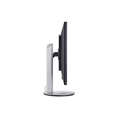 Seitliche Ansicht eines schwarzen Computermonitors mit einem silbernen Standfuß vor weißem Hintergrund.