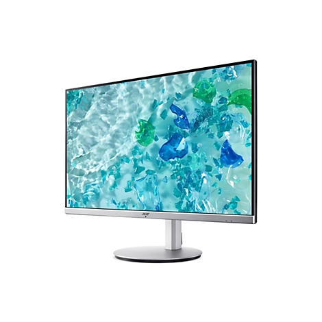 Acer Monitor mit silbernem Standfuß und Display mit abstrakter blau-grüner Grafik, auf weißem Hintergrund.