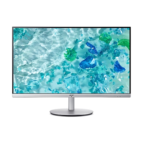 Acer Monitor mit silbernem Standfuß vor weißem Hintergrund. Das Display zeigt blaues, glitzerndes Wasser mit Glasscherben.