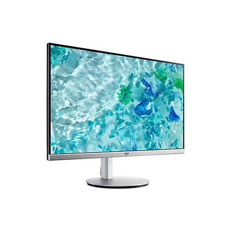 Silberner Acer Monitor mit dünnem Rand und hellem Display mit blau-grünem Glas-Hintergrundbild.
