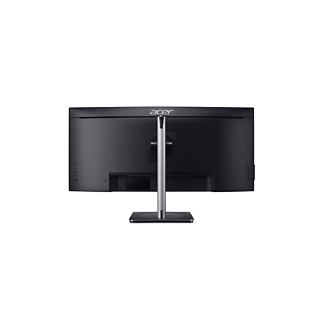 Rückansicht eines schwarzen Acer Curved Monitors auf einem silbernen Standfuß vor weißem Hintergrund.