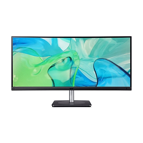 Ein schwarzer Acer-Breitbildmonitor mit einem flüssigen, blau-grünen abstrakten Hintergrundbild auf einem silbernen Standfuß.