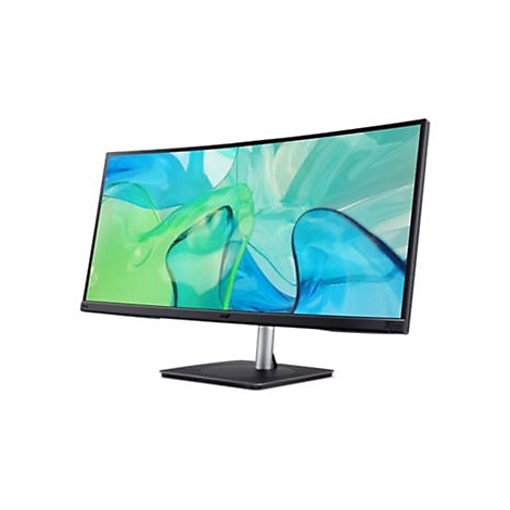 Schwarzer Acer Curved-Monitor mit dünnem Rahmen auf einem schlichten Ständer vor weißem Hintergrund.