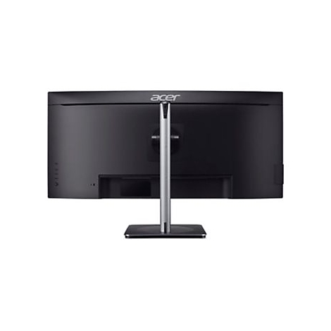 Rückseite eines schwarzen Acer Curved-Monitors mit silbernem Standfuß vor weißem Hintergrund.