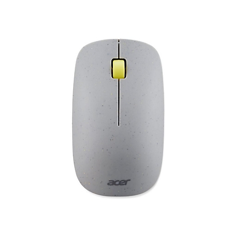Graue Acer-Computermaus mit Sprenkel-Optik und gelbem Scrollrad vor weißem Hintergrund.