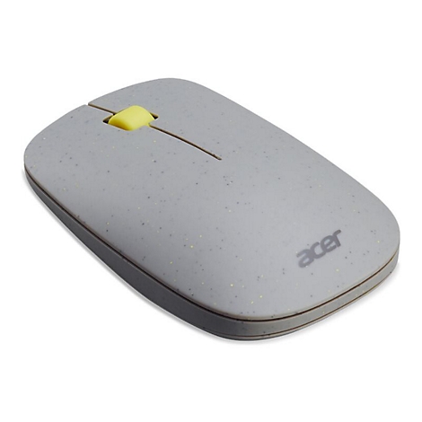 Graue Acer-Computermaus mit gelbem Scrollrad und gesprenkeltem Design auf weißem Hintergrund.