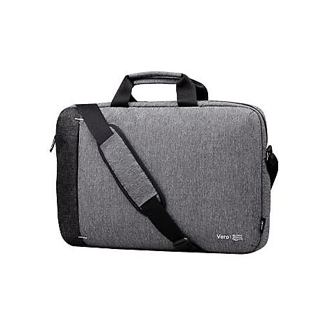 Graue Laptoptasche mit Tragegriff und Schultergurt, mit Logo "Vero" auf der Vorderseite.