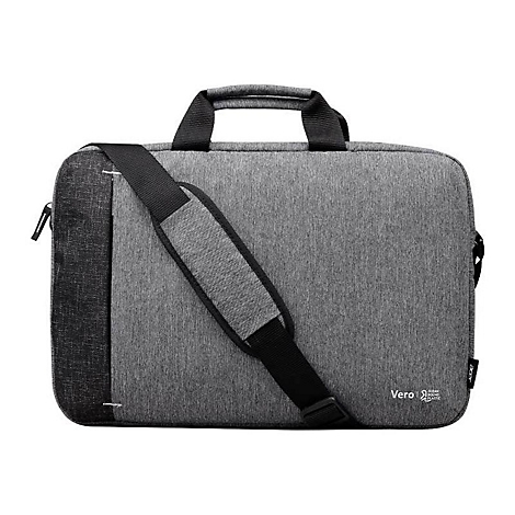 Graue Laptoptasche mit schwarzen Tragegriffen, Schultergurt und Vero Ocean Bound Plastic Logo.