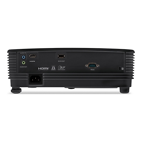 Rückseite eines schwarzen Projektors mit verschiedenen Anschlussbuchsen wie HDMI, Audio, USB und RS232.
