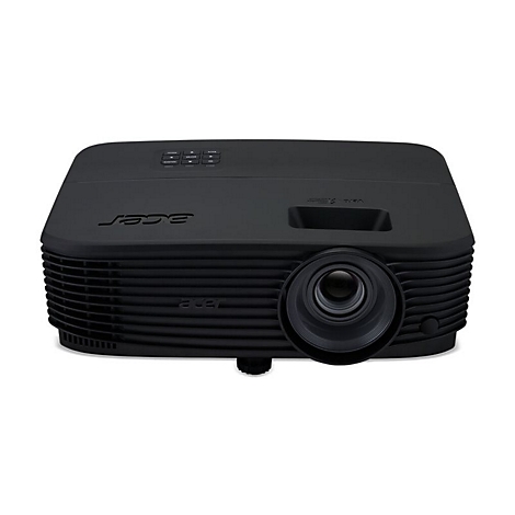 Schwarzer Acer-Projektor, Frontansicht. Er hat ein Objektiv, BedienknÃ¶pfe oben und das Acer-Logo.