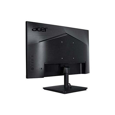 Rückseite eines schwarzen Acer-Monitors mit Standfuß vor weißem Hintergrund.