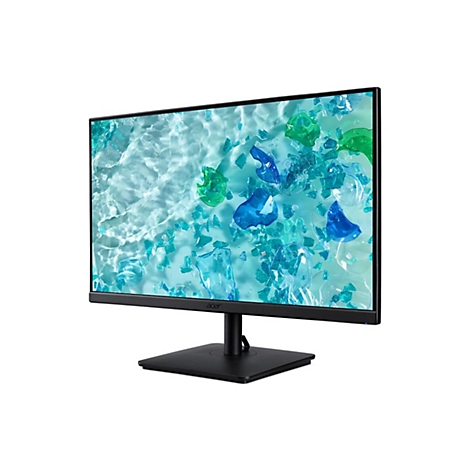Schwarzer Acer-Monitor vor weißem Hintergrund mit abstraktem, wasserblauem Display-Hintergrundbild.