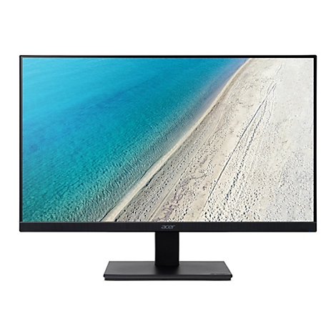 Schwarzer Acer-Monitor mit schmalem Rahmen zeigt ein Strandbild mit türkisblauem Wasser und hellem Sand.