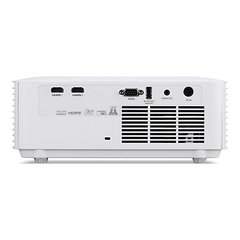 Rückseite eines weißen Projektors mit HDMI-, RS232-, USB-, Audio- und Stromanschlüssen.