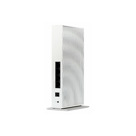 Weißer, hochkant stehender WLAN-Router mit wellenförmiger Frontplatte und seitlichen LAN-Anschlüssen.