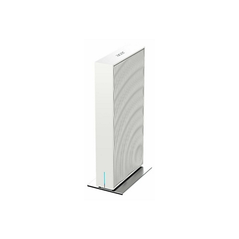 Schlanker, weißer Acer-Router mit wellenförmiger Frontstruktur und blauem Lichtindikator auf einem silbernen Standfuß.