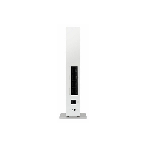 Rückansicht eines weißen Routers mit vier Ethernet-Anschlüssen, einem Stromanschluss und Reset-Taste.