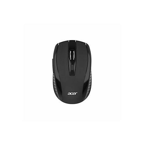 Schwarze kabellose Acer-Computermaus mit Scrollrad in der Draufsicht auf weißem Hintergrund.