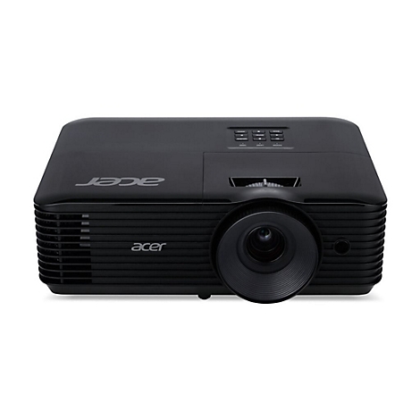 Schwarzer Acer Projektor auf weiÃŸem Hintergrund. Objektiv, Bedienelemente und Logos sichtbar.