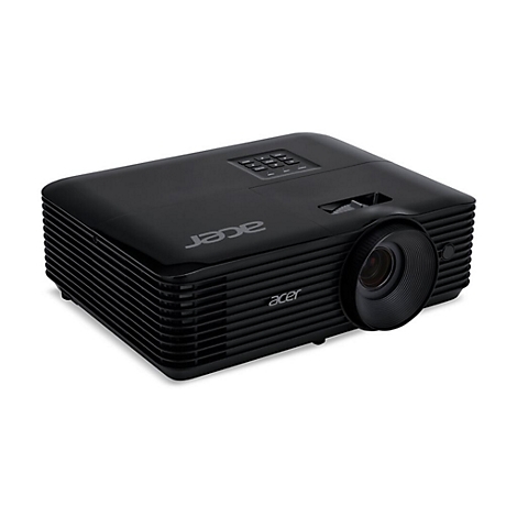 Schwarzer Acer Projektor. Auf der Oberseite befindet sich eine Bedieneinheit. Der Projektor hat das Acer-Logo.