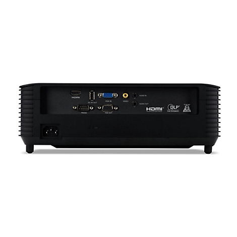 RÃ¼ckseite eines schwarzen Projektors mit AnschlÃ¼ssen fÃ¼r HDMI, VGA und Strom.