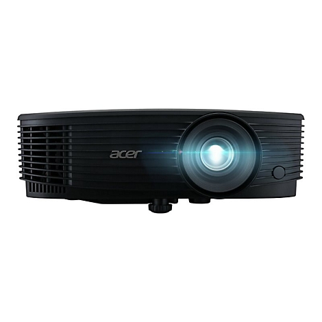 Schwarzer Acer Projektor in der Frontalansicht mit leuchtendem Objektiv vor weißem Hintergrund.
