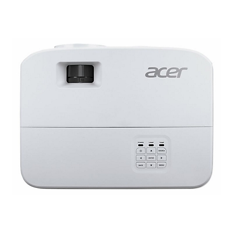 Weißer Acer-Projektor in der Draufsicht mit Bedienfeld und Objektiv vor neutralem Hintergrund.