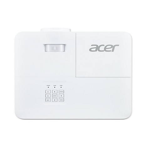 WeiÃŸer Acer Projektor, Frontansicht. Graues Acer Logo oben rechts, darunter Tasten. Objektiv und Luftauslass.