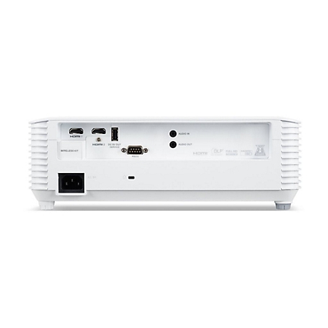 RÃ¼ckseite eines weiÃŸen Projektors mit verschiedenen AnschlÃ¼ssen, darunter HDMI, USB und VGA. Das GerÃ¤t steht auf einem weiÃŸen Hintergrund.